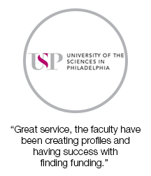 Testimonials from University of the Sciences in Philadelphia: Great service, the faculty have been creating profiles and having success with finding funding.